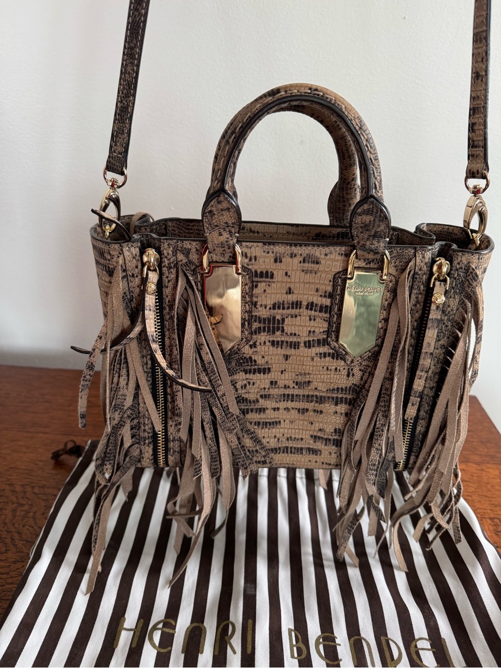Henri Bendel A-List Lizard Embossed Fringe Satchel/Crossbody with Dust Bag